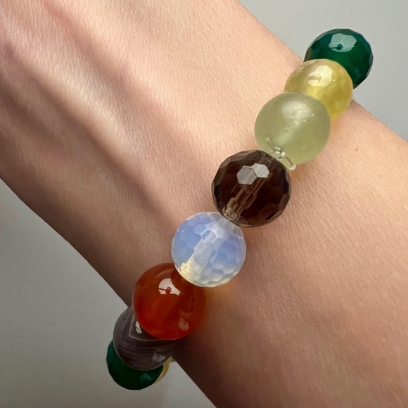 Semiprecious gemstone rainbow round bead chunky bauble beaded stacking bracelet - Picture 4 of 17